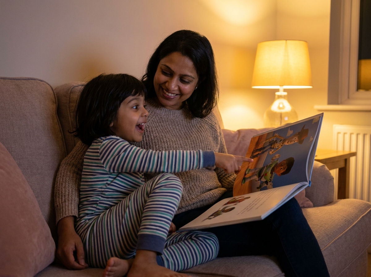 Parent and child reading at home