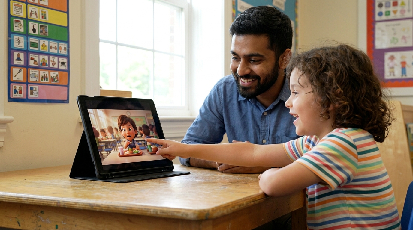 Reading a story on a tablet