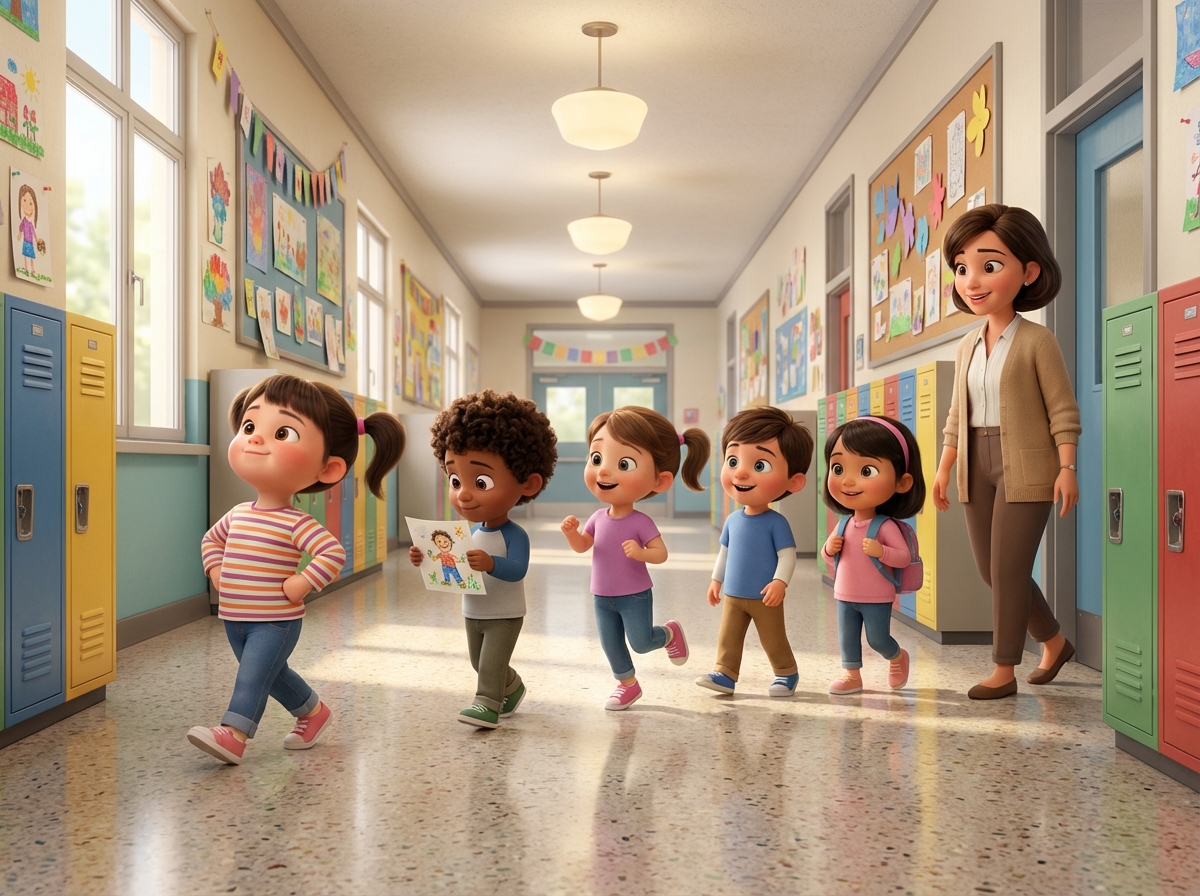 Illustrated page: the child lining up with classmates